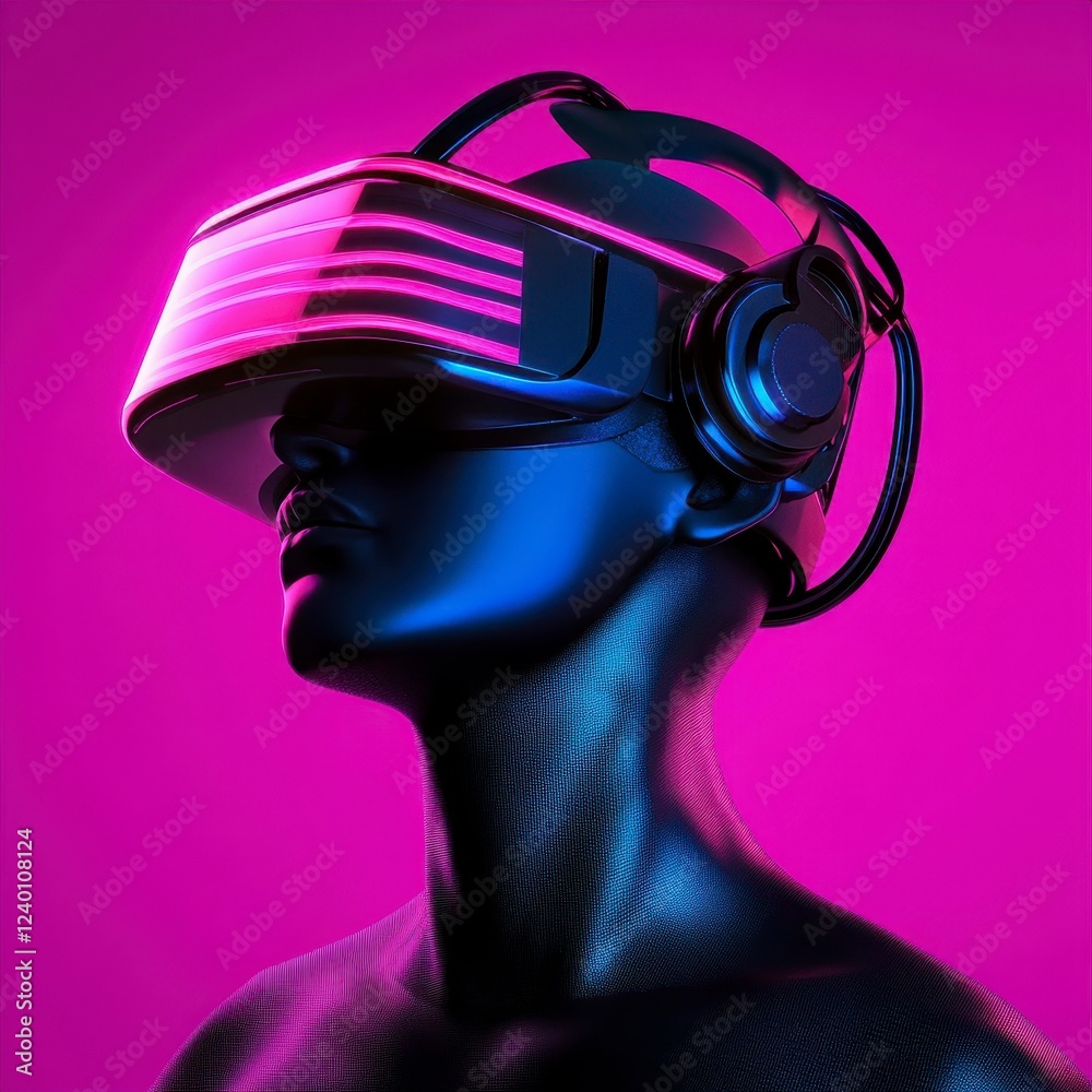 Futuristic mannequin wearing vibrant virtual reality headset and headphones against a striking purple background
