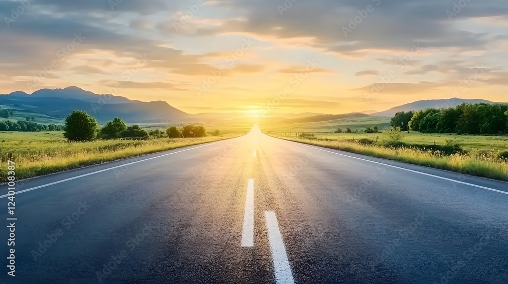 Wide open road stretching into the horizon with a breathtaking sunset, symbolizing new beginnings, future possibilities, and success. Empty asphalt highway leading toward distant mountains bathed