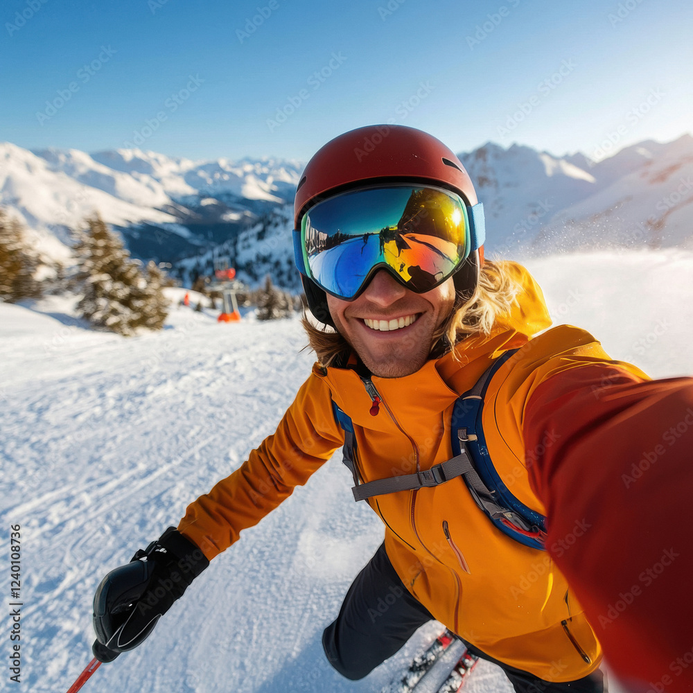 skier takes a selfie while skiing down a slope in a ski resort skier takes a selfie while skiing down a slope in a ski resort