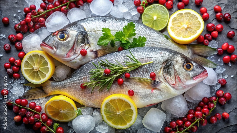 Fresh Raw Fish on Ice with Lemon & Pomegranate - High-Resolution Stock Photo Fresh Raw Fish on Ice with Lemon & Pomegranate - High-Resolution Stock Photo