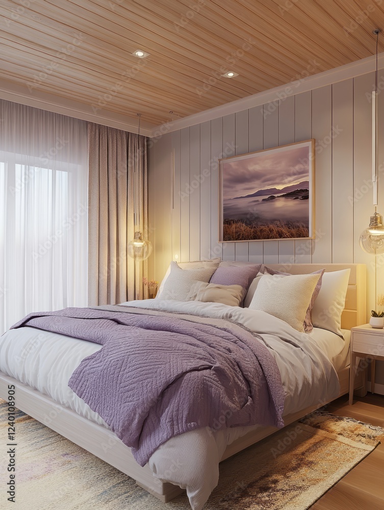 Fototapeta premium Serene Bedroom Interior Design With Lavender Bedding