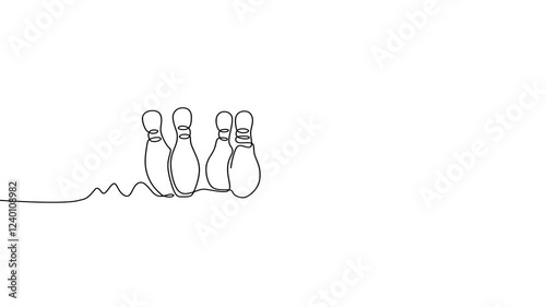 Single continuous line drawing animation of bowling pins lined up at bowling lane. Doing sport hobby at leisure time concept. Trendy one line draw design animation video