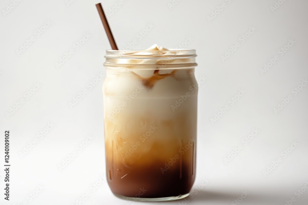 Iced coffee in a mason jar with cream and a straw Iced coffee in a mason jar with cream and a straw