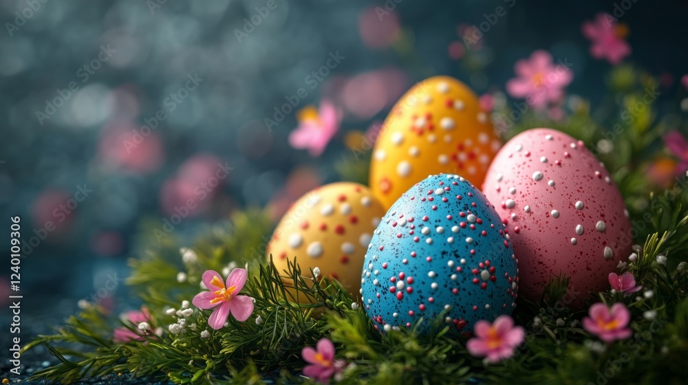 Vibrant Colorful Easter Eggs Surrounded by Spring Flowers and Greenery