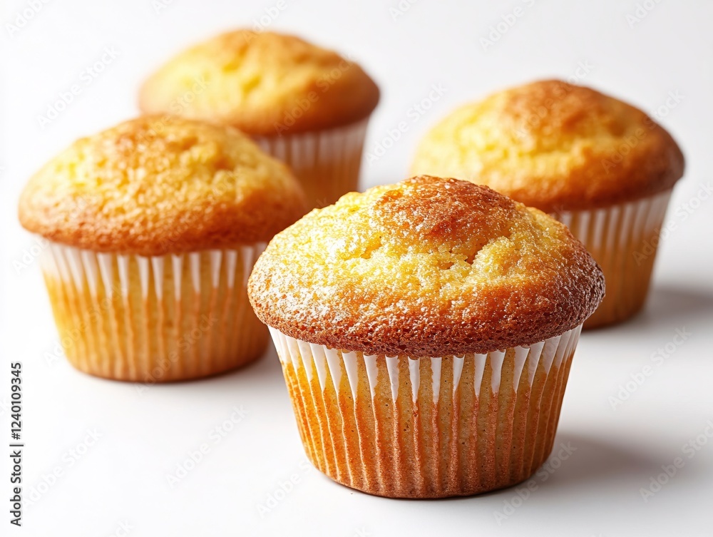 Golden muffins on white background with a soft and warm light creating a delicious food scene Golden muffins on white background with a soft and warm light creating a delicious food scene