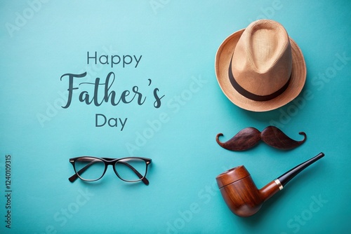 Happy Father's Day Minimalist Design: Silhouette, Hat, Mustache, Pipe, Glasses on Pastel Blue