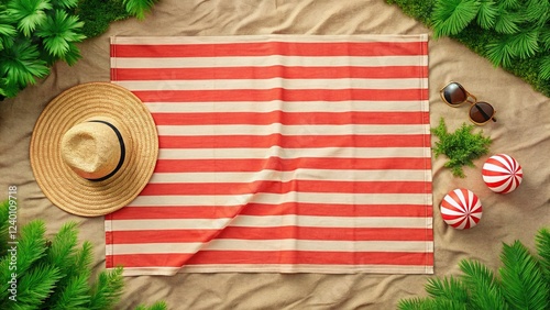 Living Coral Striped Beach Mat Flat Lay: Summer Picnic Blanket & Camping Rug Top View