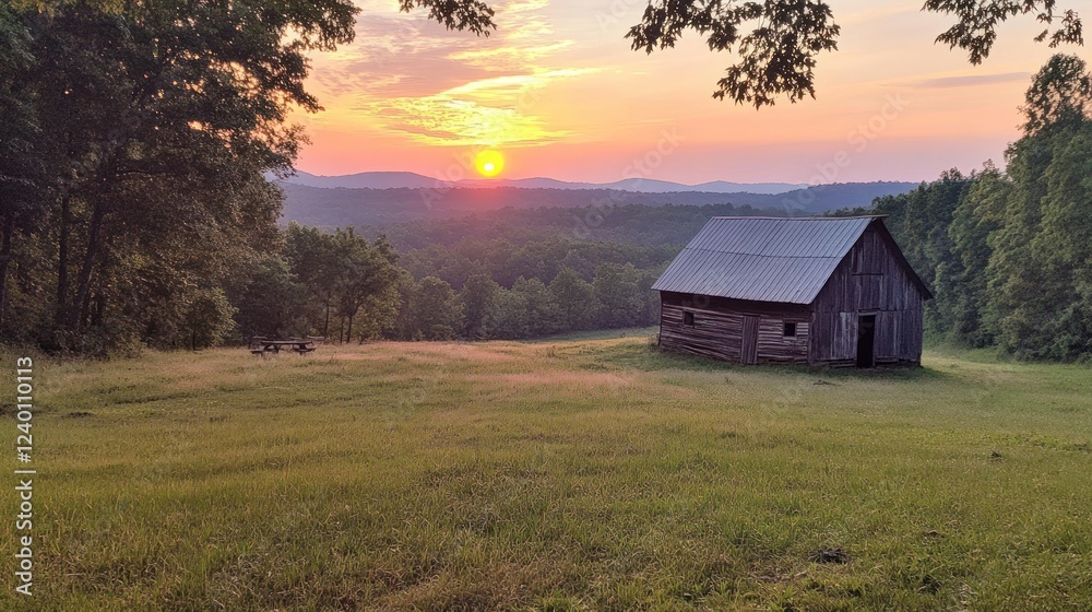 Rustic barn at sunset on a hilltop with mountain view. Rustic barn at sunset on a hilltop with mountain view.
