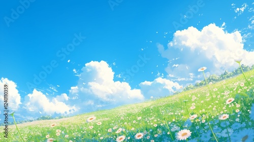 青空と白い雲に包まれた広大な花畑｜春夏の爽やかな自然風景イラスト