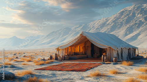 a tent in the desert with a mountain in the background