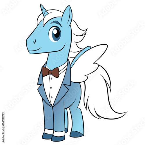 A pegasus in a soft sky-blue tuxedo with minimalistic silver accents