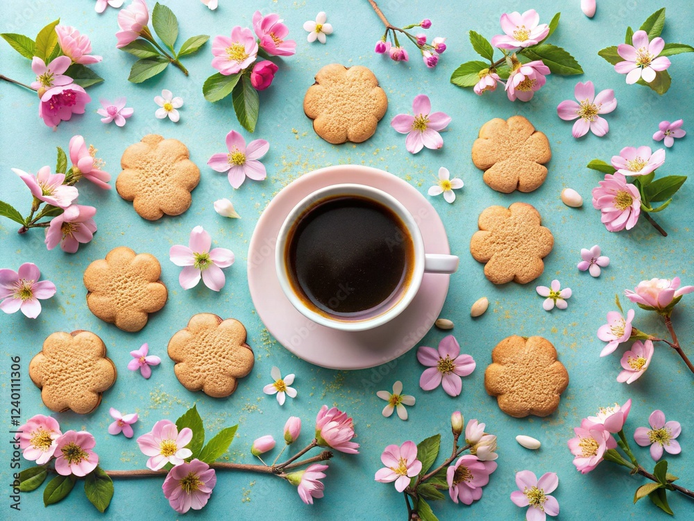 Pastel Easter Flat Lay: Homemade Cookies & Coffee, Springtime Minimalist Photography Pastel Easter Flat Lay: Homemade Cookies & Coffee, Springtime Minimalist Photography