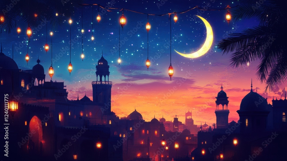 Obraz premium Magical Nighttime Cityscape with Crescent Moon and Glowing Lanterns