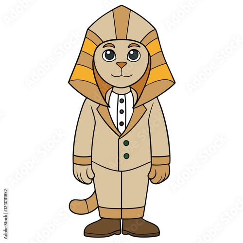 A sphinx in a desert sand-colored linen suit with subtle embroidery