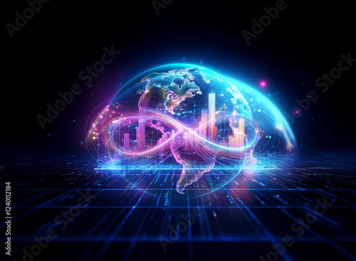 Wallpaper Mural A mesmerizing double exposure image depicting a glowing Earth encircled by an infinity symbol, symbolizing global interconnectedness and endless potential.  The vibrant colors and futuristic aesthetic Torontodigital.ca