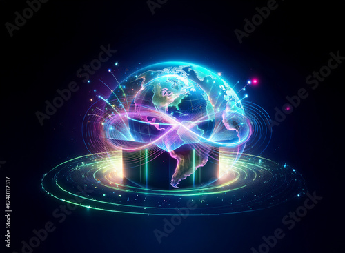 Wallpaper Mural A vibrant double exposure image depicts a glowing Earth encircled by an infinity symbol, set against a dark backdrop.  Surrounding rings of light add to the cosmic feel. Torontodigital.ca