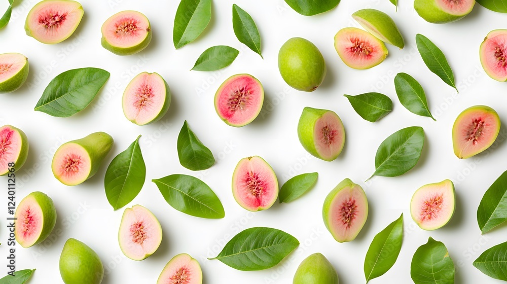 Fototapeta premium Pink guava halves and leaves arranged on white background