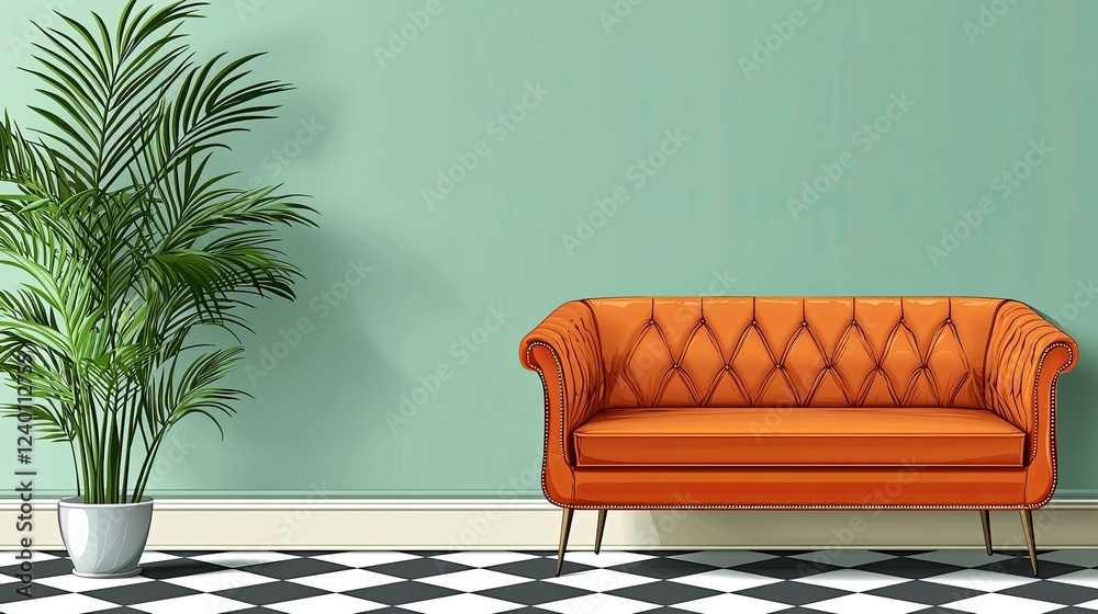 Fototapeta premium Mid-Century Modern Orange Leather Sofa in a Stylish and Elegant Living Room Interior