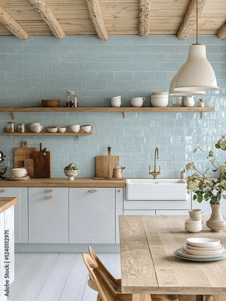 Obraz premium Rustic Kitchen Design With Light Blue Tiles and Wooden Beams