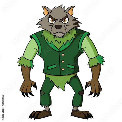 A werewolf in a torn deep forest green vest with rugged textures