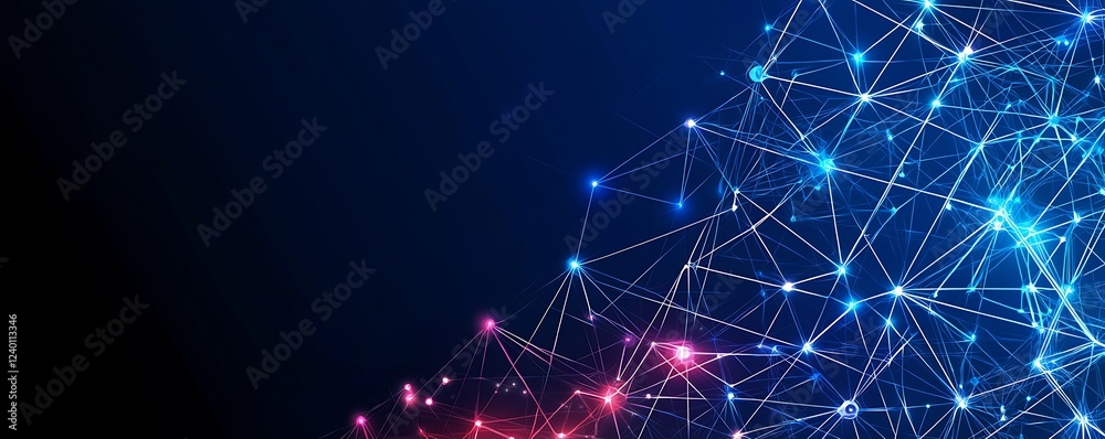 Abstract network connection; glowing nodes; dark background; tech banner Abstract network connection; glowing nodes; dark background; tech banner