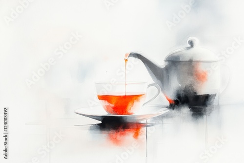 A dreamy watercolor depiction of a person pouring just enough tea into a cup, with soft pastel hues and gentle brushstrokes highlighting the serene moment