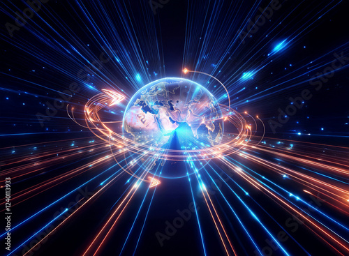 Wallpaper Mural A mesmerizing double exposure image of Earth, surrounded by vibrant streaks of light and energy, suggesting global connectivity and technological advancement. Torontodigital.ca