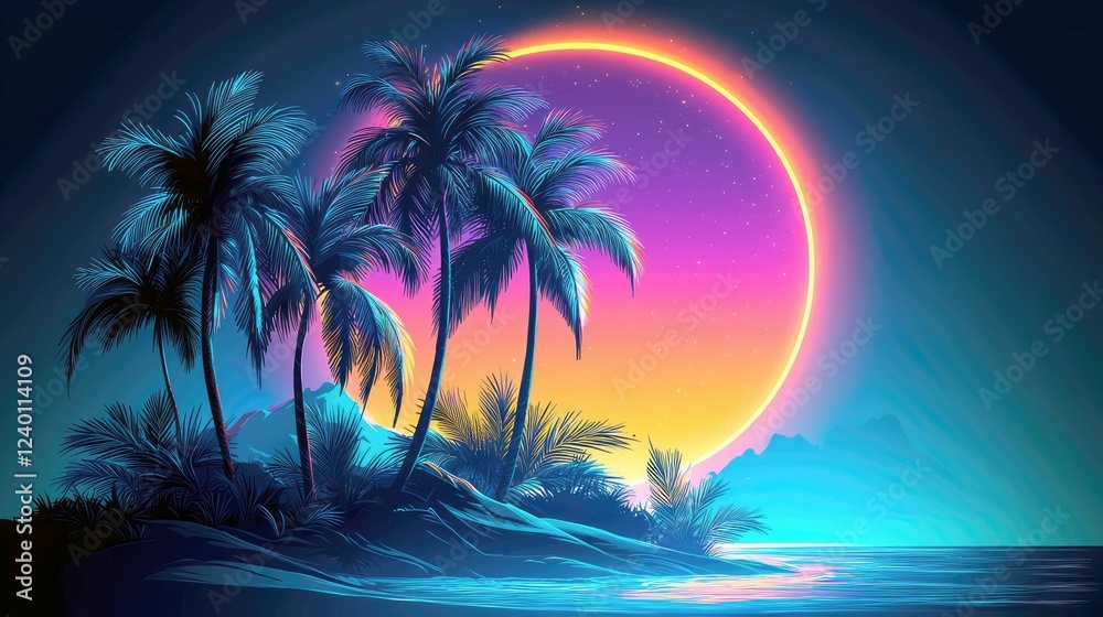 Obraz premium Synthwave Paradise: Vibrant Tropical Island Sunset Beach, Palm Trees, Ocean, Night Sky, Stars, Moon Glow