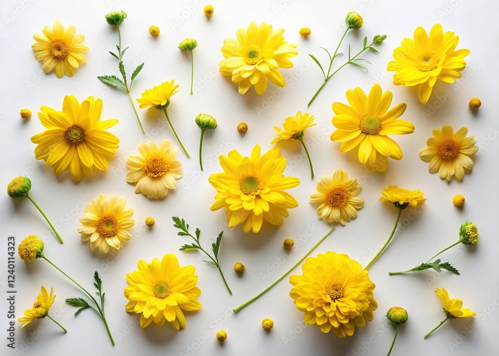 Obraz premium Springtime Yellow Flower Macro Photography - Flat Lay Composition on White