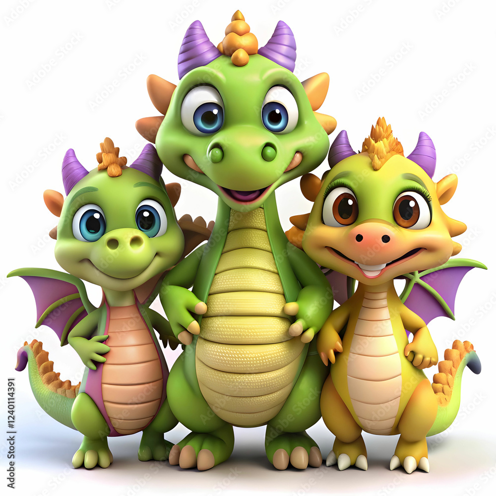 Obraz premium Adorable 3D Cartoon Dragon Family Clipart for Sublimation