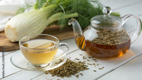 Fennel tea in a glass cup, fresh fennel bulb, seeds and tea pot pouring tea to cup. White wooden table with ldetoxification, relaxation, refreshing,ight background