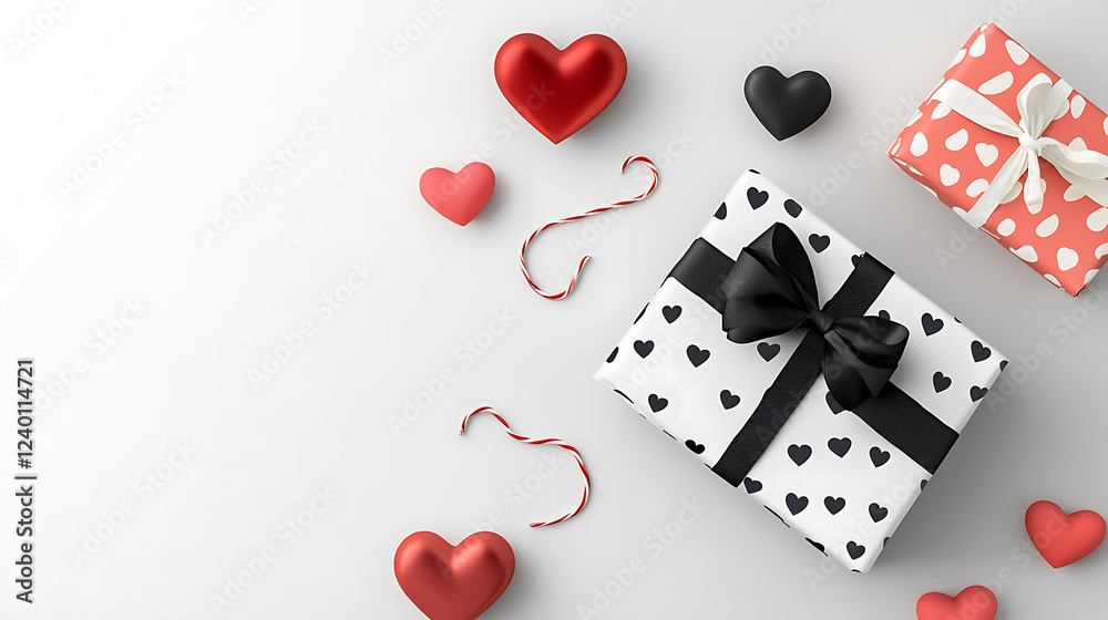 Festive heart-themed gift presentation romantic setting lifestyle photography cozy atmosphere top-down view celebration concept Festive heart-themed gift presentation romantic setting lifestyle photography cozy atmosphere top-down view celebration concept