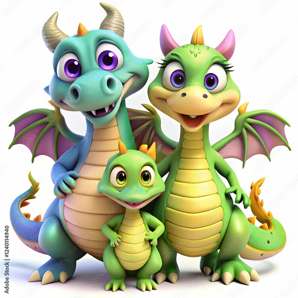 Obraz premium Adorable 3D Cartoon Dragon Family Clipart for Sublimation