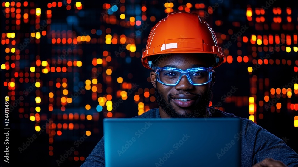 Smiling African American engineer working on a laptop in a safety helmet and glasses against a vibrant city background Smiling African American engineer working on a laptop in a safety helmet and glasses against a vibrant city background