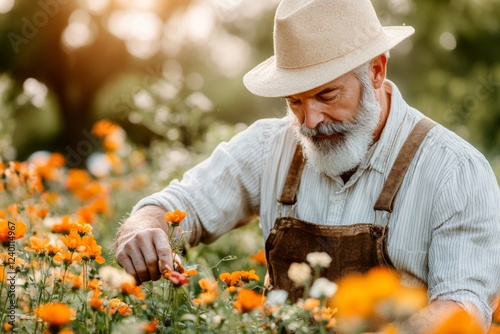 A gardener thoroughly tending to a row of flowers, pruning and watering each plant carefully under the sunlight photo