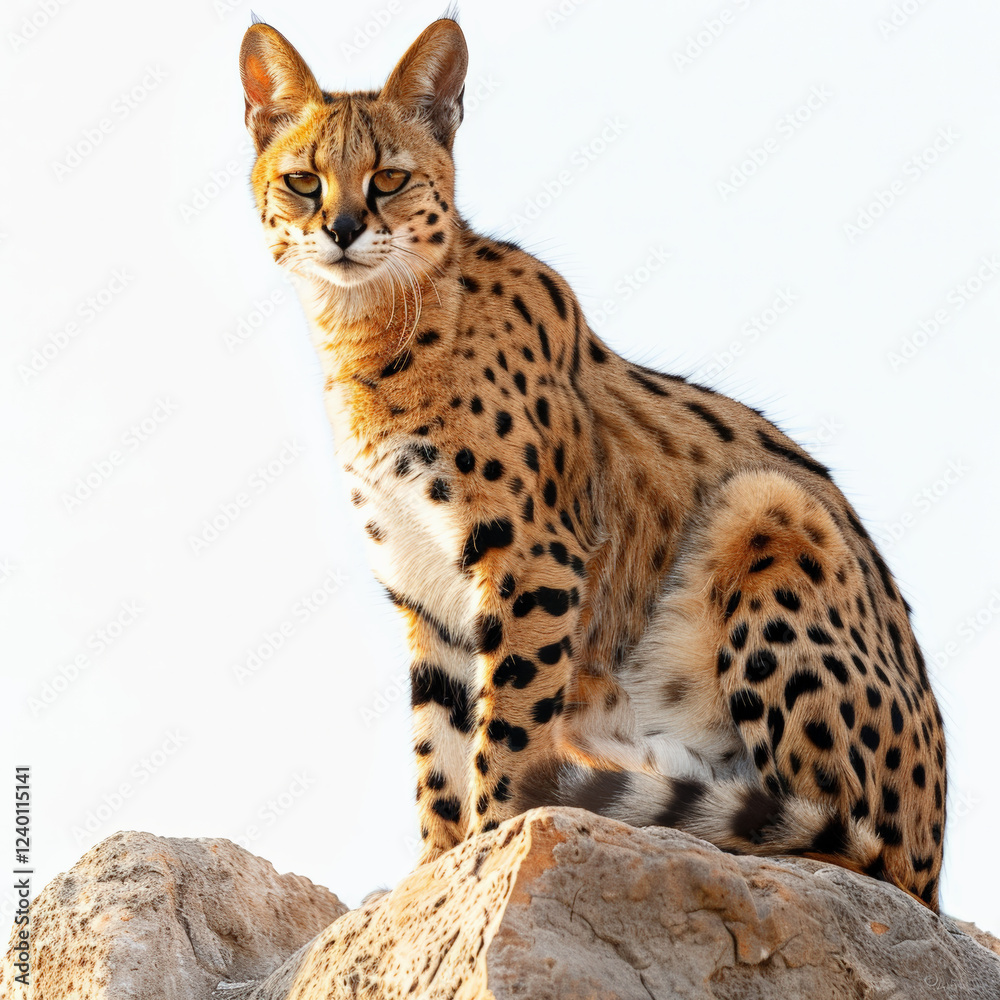 serval cat perched on rock, showcasing its striking spots and confident demeanor serval cat perched on rock, showcasing its striking spots and confident demeanor
