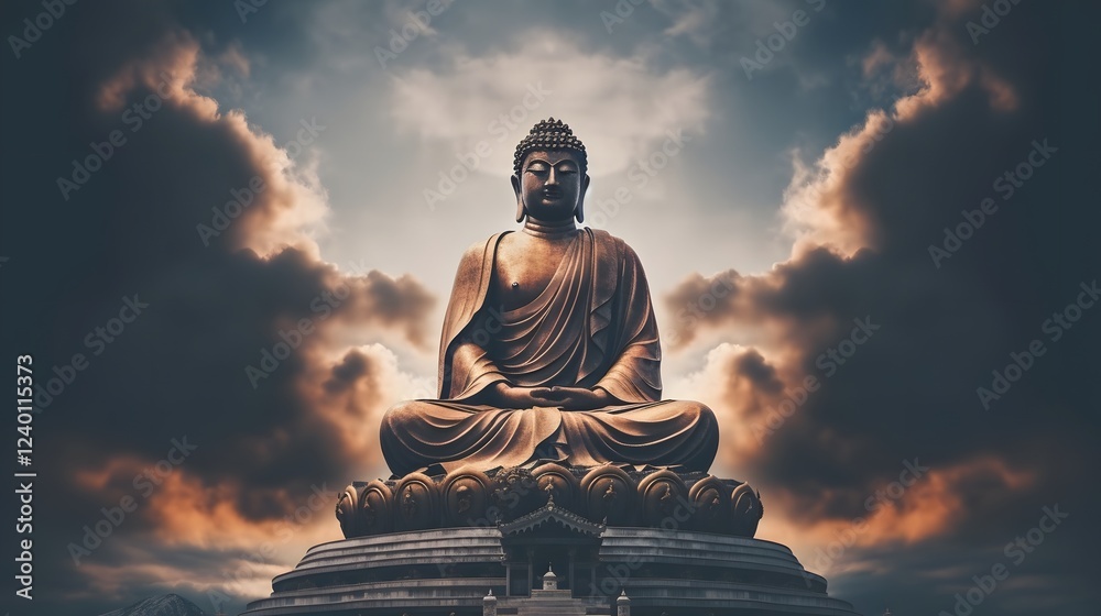 Fototapeta premium Majestic outdoor Buddha statue set against a dramatic moody cloudy sky backdrop creating a serene and spiritual landscape