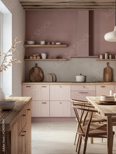 Wallpaper Mural Modern Kitchen Design Featuring Wooden Accents and Pink Cabinets Torontodigital.ca