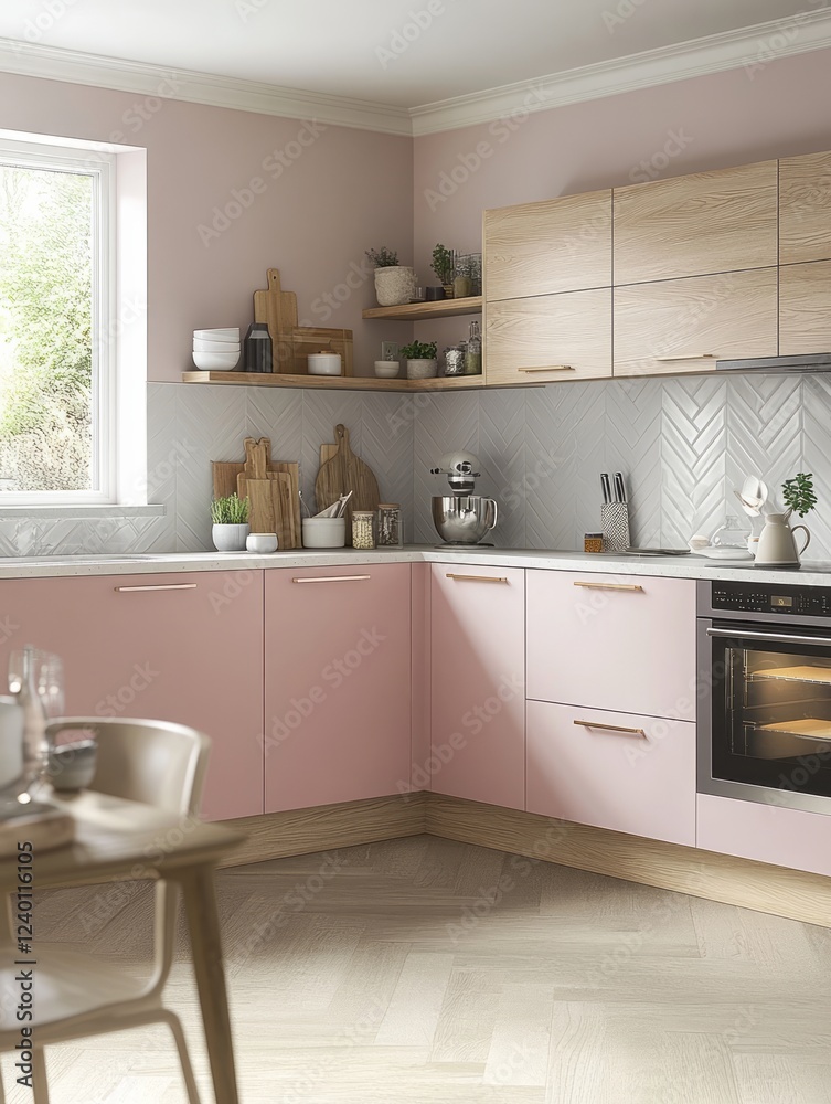 Fototapeta premium Modern Pink Kitchen Design With Wooden Accents