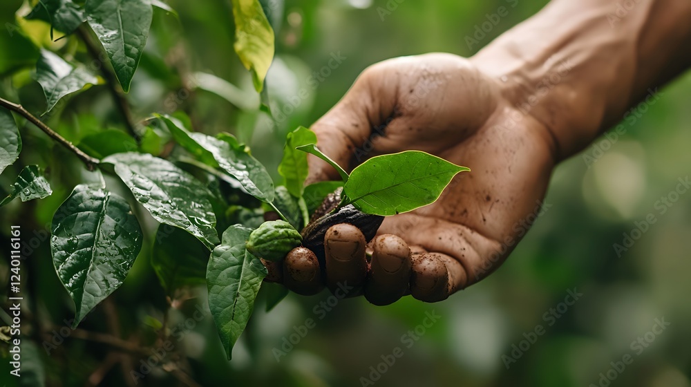 Gentle hand harvesting fresh cacao in lush tropical landscape Gentle hand harvesting fresh cacao in lush tropical landscape