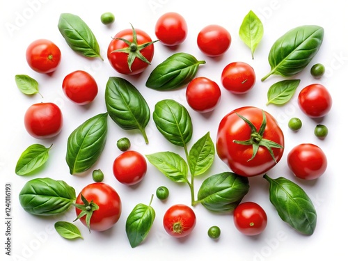 Vibrant Cherry Tomatoes & Basil Flat Lay:  Summer Food Photography Background