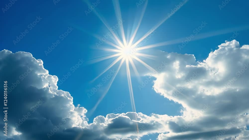 Bright sun shining through fluffy white clouds in a clear blue sky