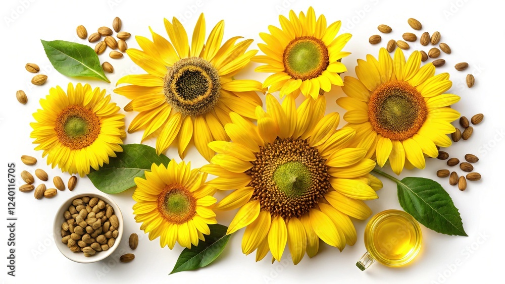 Fototapeta premium Vibrant Sunflower Bouquet Collection: Flat Lay, Isolated on White, Agriculture, Seeds, Oil