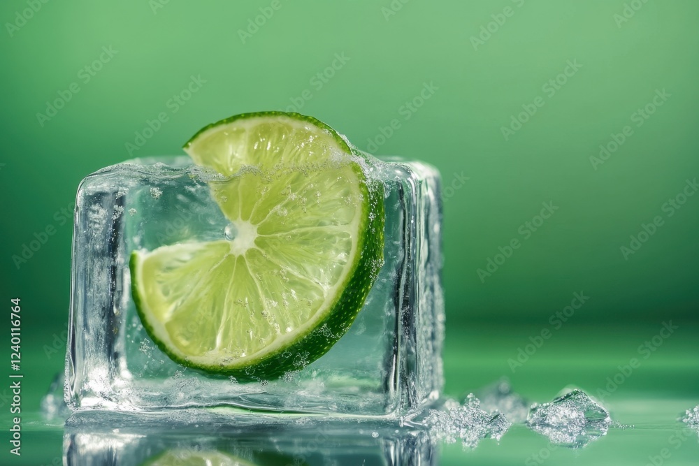 Lime wedge frozen inside a clear ice cube Lime wedge frozen inside a clear ice cube
