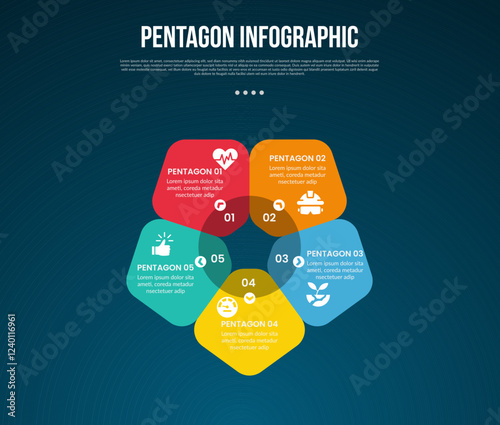 pentagon base shape template infographic with round shape component part with circle shadow on center with dark background style for slide presentation