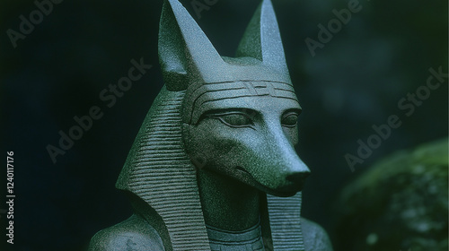 Anubis Statue: A close-up shot of an Anubis statue, the jackal-headed Egyptian god of the dead. The statue is carved in a dark green stone and features intricate details, with a serene expression. photo