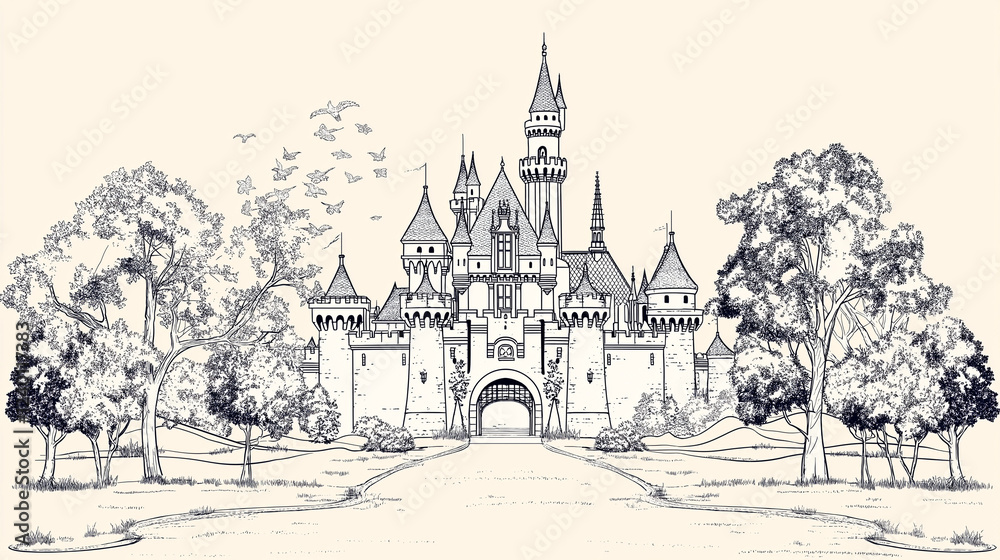 Obraz premium Enchanted Castle Sketch: A whimsical hand-drawn illustration of a fairytale castle nestled amongst lush trees, inviting the viewer to step into a realm of wonder and magic.