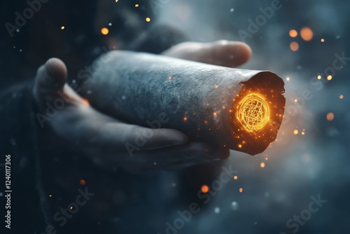 Wallpaper Mural A magical scroll glowing with runes and a golden seal of validation, held by a wizard in a mystical library Torontodigital.ca