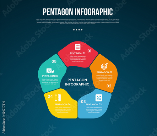 pentagon base shape template infographic with round shape and swirl fluid inside with dark background style for slide presentation