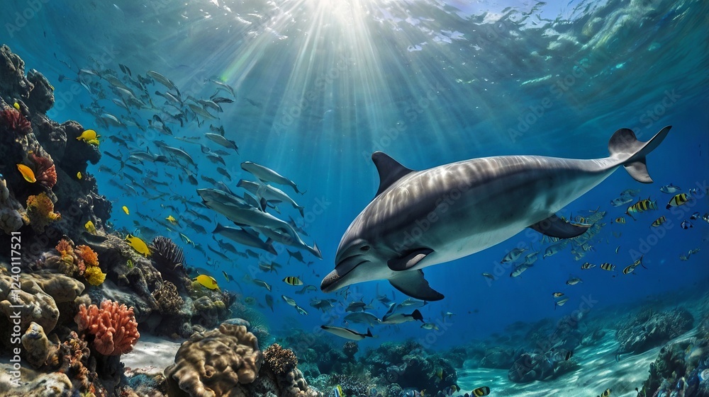 Obraz premium Dolphin and School of Fish Swimming Above Vibrant Coral Reef in Sunlit Ocean